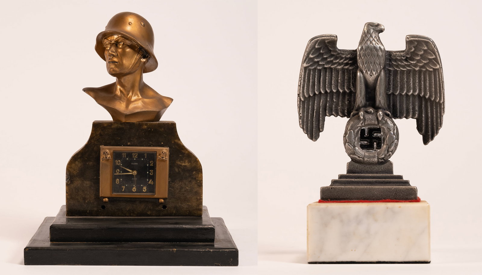 WWII German 1935 Munchen / Munich Bust Mantle Clock & Nuremberg Officer Desk Eagle: WW2 German 1935 Munchen / Munich Soldier Bust Desk / Mantle Clock and Nuremberg Officers Office Desk Eagle Soldier in Battle Helmet Sitting on Top of a Vertical Marble Stand With Florin Alarm Clock Se