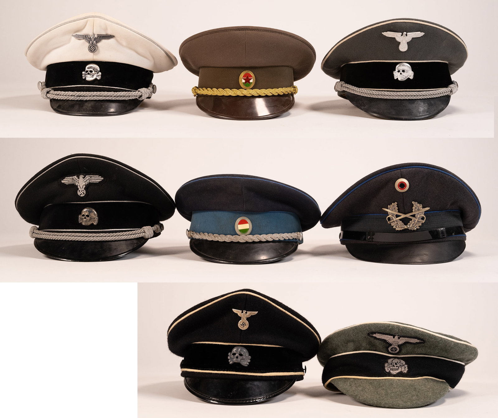 WWII Officer Hat / Cap Group Lot Enlisted Police German Russian Hungarian etc: WWII Officers Hats / Caps Hungarian Republic Police Hat German Luftwaffe Airforce Dress Cap x/1967 Sz 62SS Enlisted Mans Peaked Visor Cap German Allgemeine SS General Officer Cap Waffen SS Officers Cr