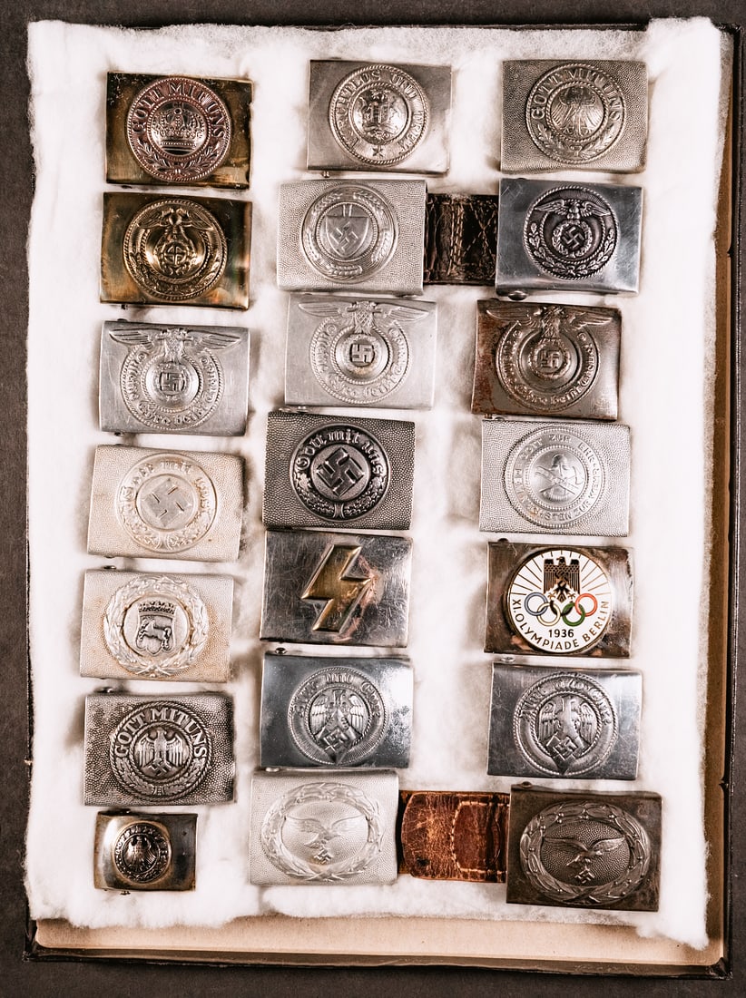 WWII German Belt Buckle Collection Large Group Lot: WWII German Nazi Belts Buckles Kriegsmarine Waffen SS German RAD German SA Heer Enlisted Hitler Junge Youth State Forestry Officer Most are 2.5" x 2" in Various Shapes Colors and Conditions may Includ