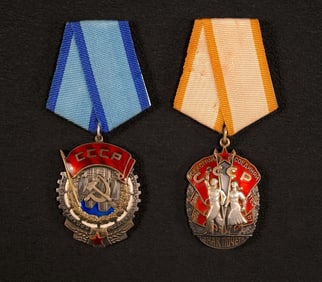 WWII Russian USSR Silver Enamel Order of the Badge of Honor Award & Order of the Red Banner of Labor