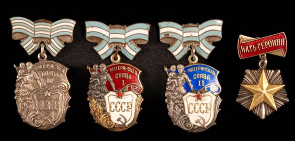 WWII Russian USSR Silver Order of Maternal Glory 1st 2nd 3rd Class & Mother Heroine Collection Group