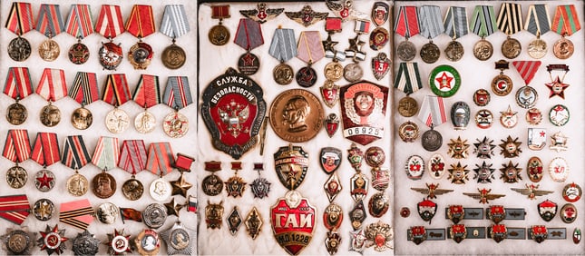 3 Framed Groups Of 125 Russian USSR Hungarian Medals Orders & Awards