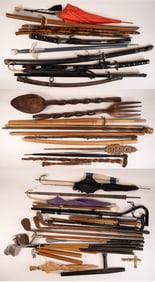 Large Can Full Of Dads Treasures Swords Golf Clubs Canes Umberellas