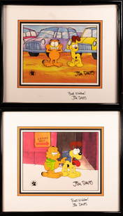 Jim Davis Animation Cel Garfield and Odie Signed Framed Lot w/COA: Jim Davis Animation Cell Garfield and Odie Autographed Framed Lot Double Signed Animation cells By Artist And Garfield Creator Jim Davis ( IN born 1945 - ) Stamped " Original Animation Production Art