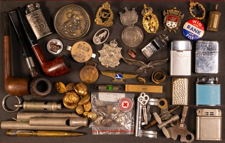 Gentlemens Junk Drawer Finding Collection Lighter Pipe Military Insignia etc