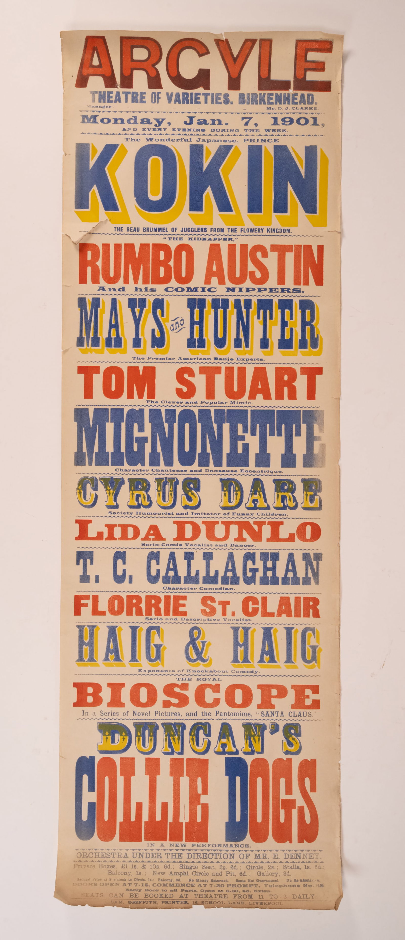 Argyle Theatre of Varieties Birkenhead Dec 26 1892 Poster Power Comedy Combination: 19th Century Argyle Theatre of Varieties Show Door Window Poster Birkenhead Dec 26 1892 Power Comedy Combination Birkenhead. George Power Comedian, Mr Harry Shaw Musical Eccentric Comedian, Miss Mario