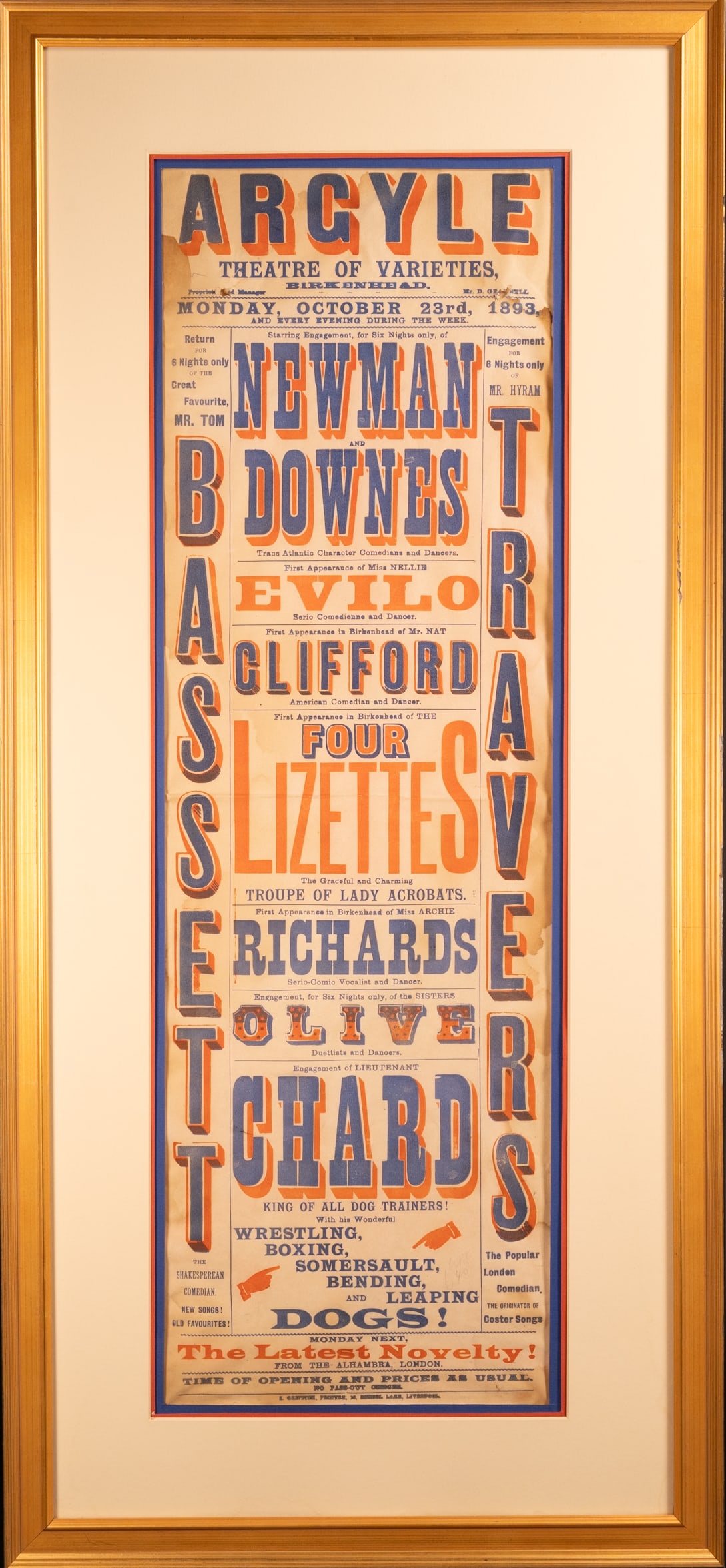 Argyle Theatre of Varieties Poster 23 October 1893 Framed Newman & Downes: 19th Century Argyle Theatre of Varieties Poster 23 October 1893 Framed Argyle Theatre of Varieties, Birkenhead. Newman & Downes Elvilo Clifford Four Lizettes Chard Lady Acrobats Trans Atland Comedians