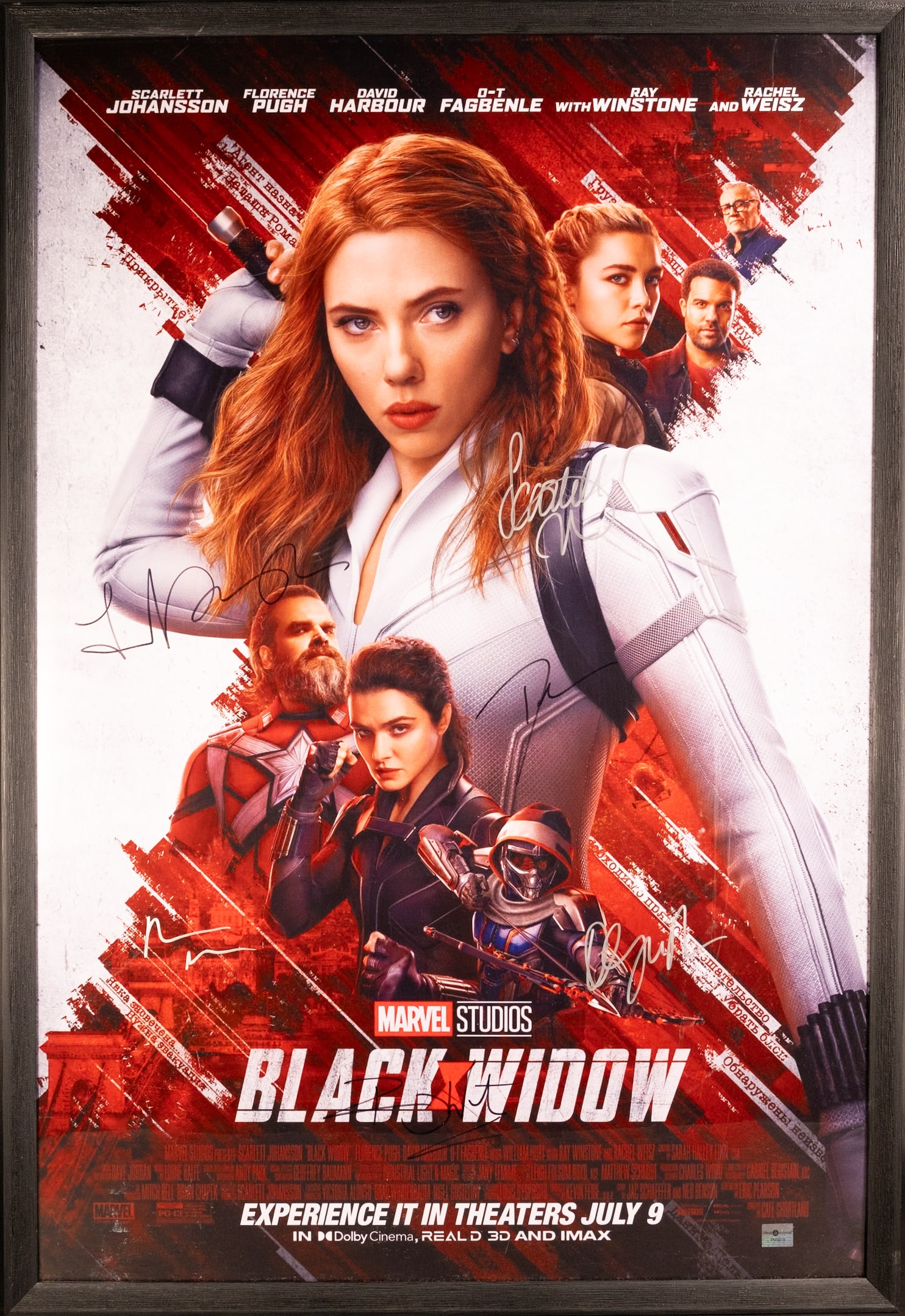 Autographed Walt Disney Studios " Black Widow " 2020 Imax Movie Poster Scarlet Johansson: Signed Walt Disney Studio " Black Widow White " 2020 Imax Theatre Movie Poster Starring Scarlet Johansson Hand Signed By Scarlet Johansson and Cast Full Size Movie Poster 27"L X 40"H Beautifully Frame