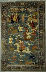 19th c Persian Kashan Pictorial Rug "Hunting Scene"