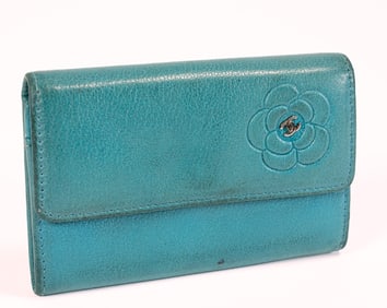 Chanel Goatskin Embossed Camellia Flap Card Holder Turquoise