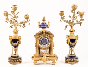 Louis XVI Sevres Dore Ormolu Gilt Bronze Garniture Clock Set