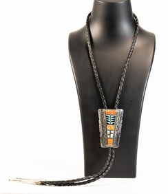Old Pawn Navajo Native American Sterling Silver Spiny Oyster & Turquoise Inlay Bolo Tie