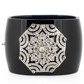 Diamond & Black Resin Bangle Cuff Bracelet