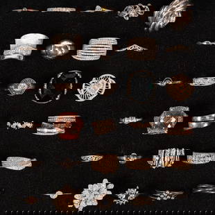 Large Vintage Sterling Silver Ring Collection: Large Vintage Sterling Silver Rings Collection of 30 Rings Including Signed Pieces: Judith Ripka in Various Sizes Shapes Styles Models Etched Enameled Various Motifs Reticulated Adorned with Semi Prec