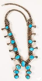 Navajo Native American Large Sterling Silver Kingman Turquoise Squash Blossom Necklace