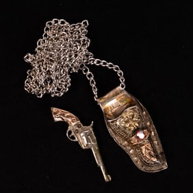 10K Gold & Sterling Silver Revolver Holster Pendant Necklace
