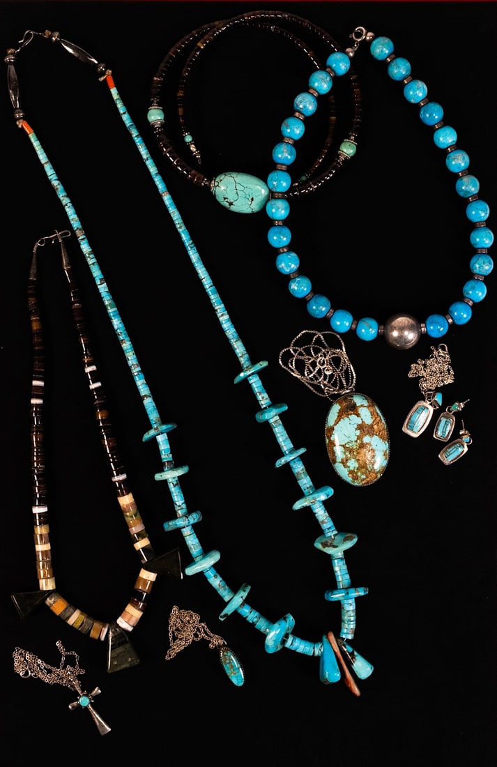Native American Sterling Silver Turquoise Jewelry Collection Navajo: Native American Navajo Tribe Santo Domingo Heishi Sterling Silver Turquoise Jewelry Collection 9 Pieces Including 8x Necklaces and 1x Pair of Earrings(Matching to One of the Necklaces) Hand Made Lot C