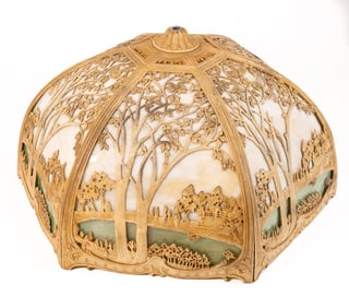 Art & Craft Early 20th C Edward Miller Scenic Overlay Slag Glass Lamp Shade