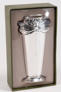 Christofle "Libellule" Silver Plated Dragonfly Vase: Christofle " Libellule " Silver Plated Dragonfly Vase Art Nouveau Circa 20th Century New in Original Box Factory Sealed Unopened with Large Dragonfly Reliefs on Each Side and Band of Flowers by Top Ex