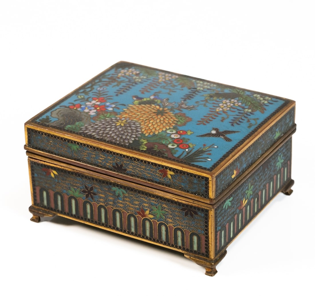 19th c. Japanese Meji Gilt Brass Cloisonne Floral Box (1 of 10)