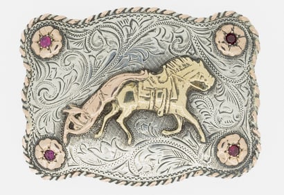 Rare Herman Friedrick NYC 14K Gold & Ruby Sterling Silver Rodeo Belt Buckle Signed