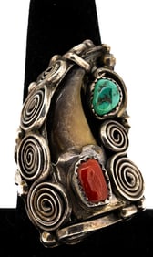 Navajo Native American Sterling Silver Bear Claw Ring Turquoise & Coral