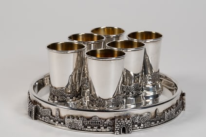 Judaica Sterling Silver Jerusalem Design Kiddush Cup Set With Server Tray