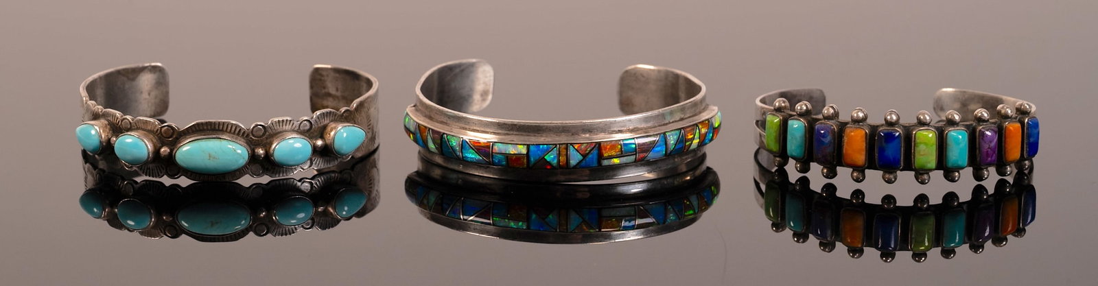 Navajo Native American Sterling Silver Cuff Bracelet Collection Signed Marcella James Larry Tsinnie: Navajo Tribe Native American Sterling Silver Cuff Bracelet Collection Signed by Silversmiths: Marcella James Larry Tsinnie Scott Skeets Lot Comprising: 1x Marcella James Navajo Tribe Multistone Sterli