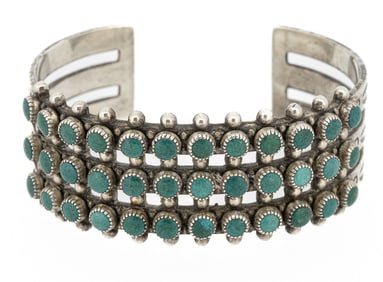 1950s Fred Harvey Era Zuni 3 Row Snake Eye Turquoise Sterling Silver Cuff Bracelet