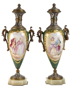 19th C Sevres France Champleve Porcelain Bronze Urn Vases Pair
