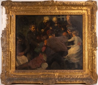 1901 Russian Oil on Canvas Signed illegible Tavern Scene WWI Army Soldiers Impresionist