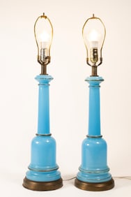 French Opaline Blue Turqoise Art Glass Tall Lamp Pair
