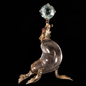 1943 Trifari Sterling Silver Jelly Belly Rhinestone Seal Brooch