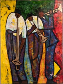 William Tolliver (America 1951-2000) "Three Musicians" Oil On Canvas