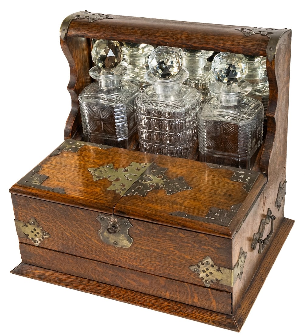 19th C English Oak Wood Mirror Back Campaign Tantalus Cut Glass Decanter Set (1 of 14)