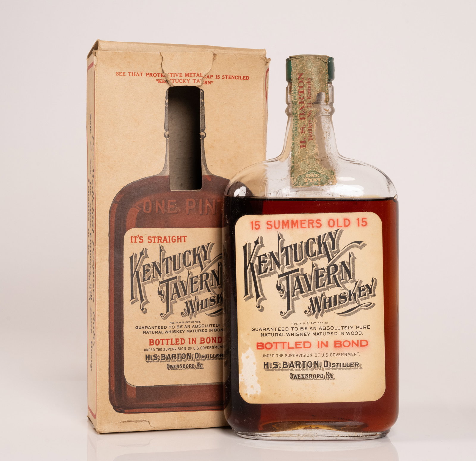 Pre Pro Kentucky Tavern Whiskey 1917-1933 BiB: PrePro Prohibition 15 Year Old Kentucky Tavern Whiskey Bottled in Bond Made Fall 1917 Bottled Spring 1933 One Pint Bottle Sealed Unopened in Original Box Low Shoulder Fill Guaranted to be an Absolutel