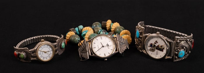 Navajo Native American Kingman Turquoise & Coral Sterling Silver Link Bracelet Wristwatch Collection