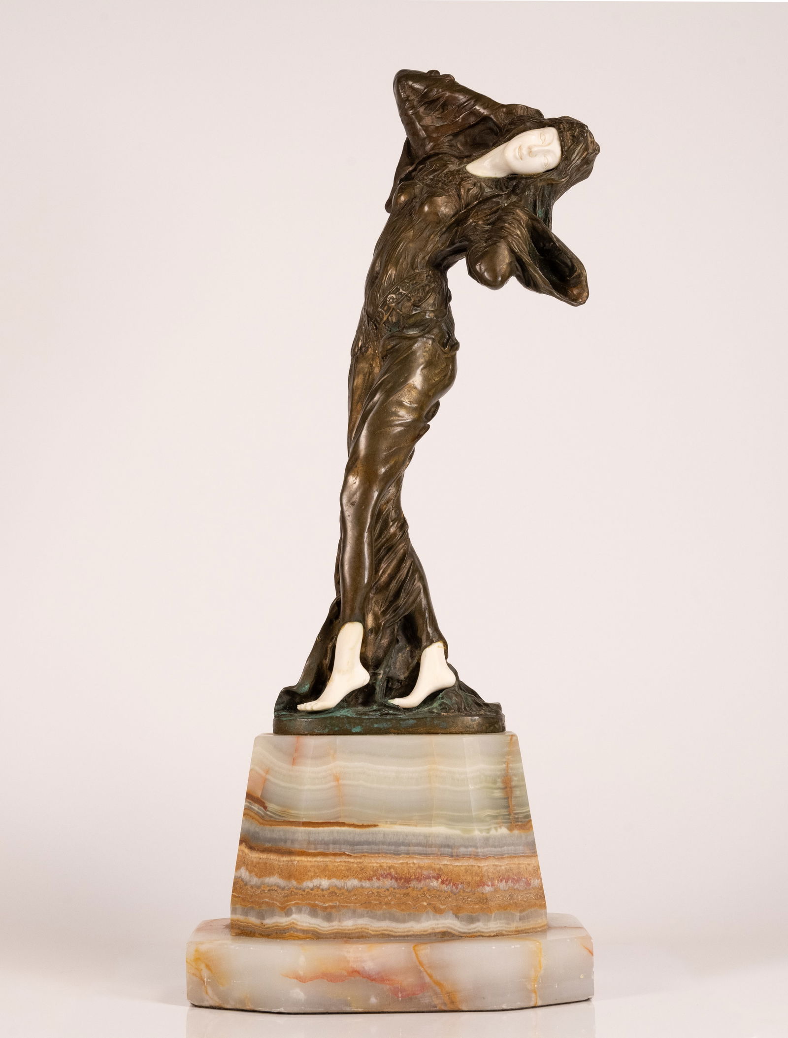 Demetre Chiparus ( Romania France 1886-1947) Art Deco Bronze Sculpture Egyptian Belly Dancer: Demetre Haralamb Chiparus (Romanian French 1886 - 1947 ) Art Deco Bronze and Hand Carved White Coral or Bone Sculpture " Danseuse Egyptienne " Depicting Dancing Woman Wearing a Long Thin Dress Dancing