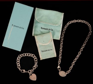 Tiffany & Co "Please Return To Tiffany Sterling Silver Oval Tag Cable Necklace & Heart Tag Bracelet