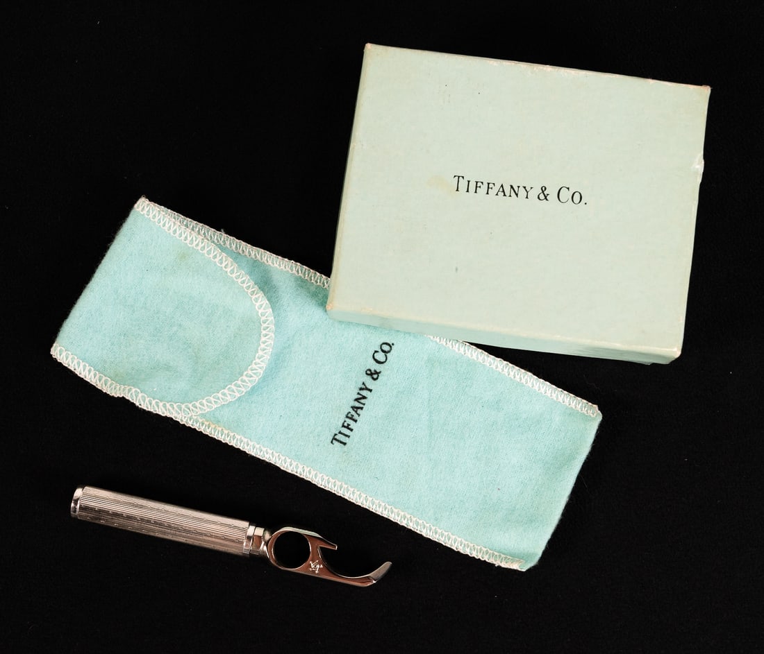 Tiffany & Co Sterling Silver Corkscrew Bottle Opener With Box: Tiffany & Co Sterling Silver Corkscrew Bottle Opener Barware with Original Signed Anti Tarnish Storage Gift Cloth Dust Bag and Original Gift Presentation Blue Box Case Decorated Handle with Vertical I