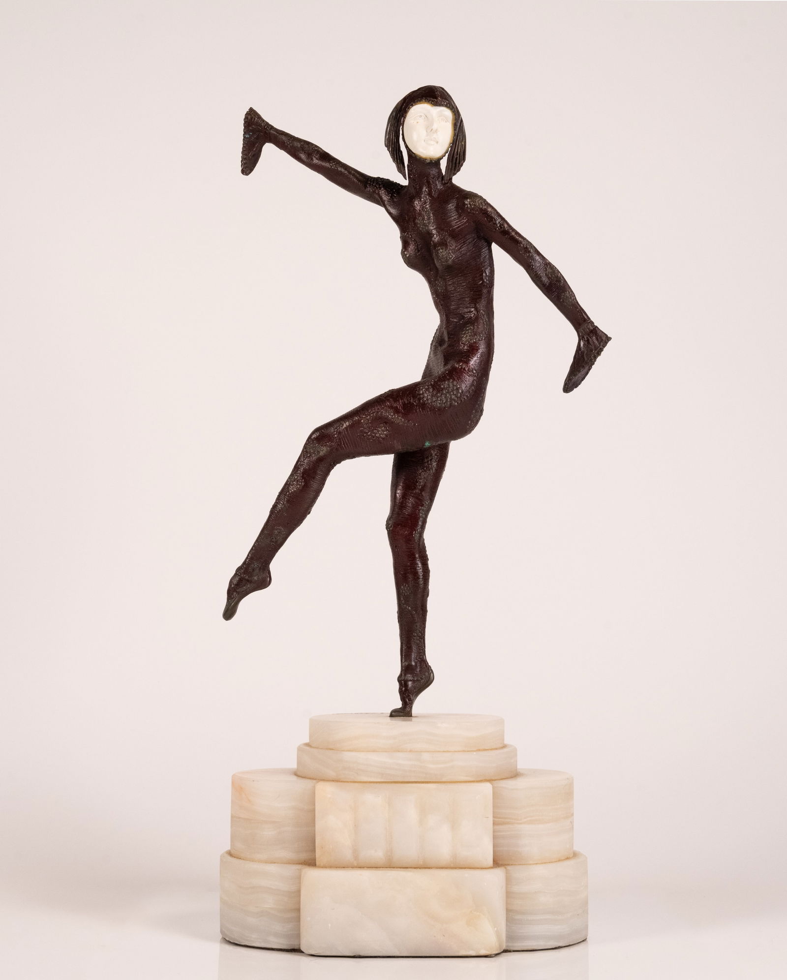 Demetre Chiparus ( Romanian French 1886-1947) Art Deco Bronze & Bone Dancer Sculpture "Ballerina": Demetre Haralamb Chiparus ( Romania France 1886 - 1947 ) Art Deco Bronze & Bone Sculpture Ballerina Depicting Dancing Woman Intricate Hand Carved Details Cold Painted Polychrome Bronze with Hand Carve