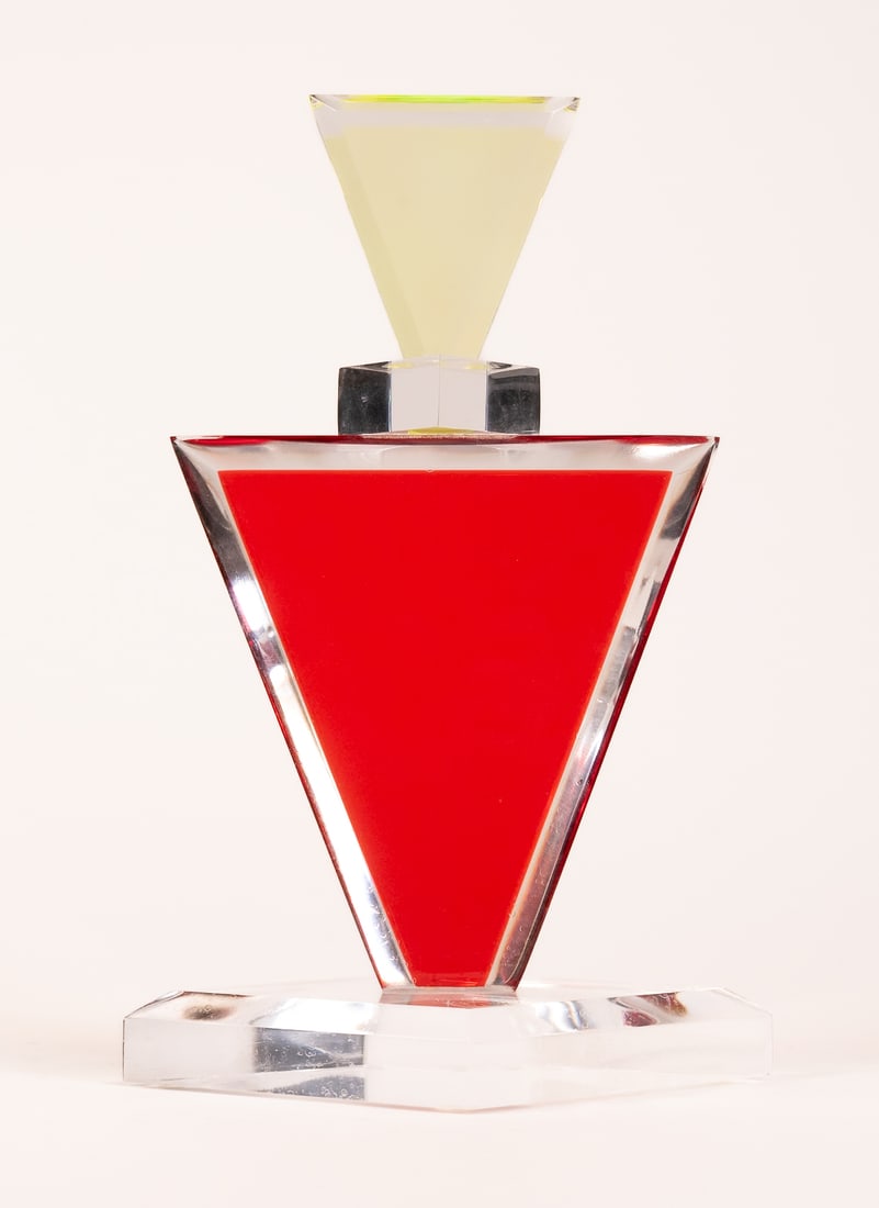 Shlomi Haziza (American/Israeli 1969-) Acrylic Sculpture: Shlomi Haziza (American/Israel 1969-) Acrylic Lucite Sculpture Depicting Decanter or Perfume Bottle Tranluscent in Yellow Green and Red Mounted on Clear Diamond Form Base with Original Artist Label Ap
