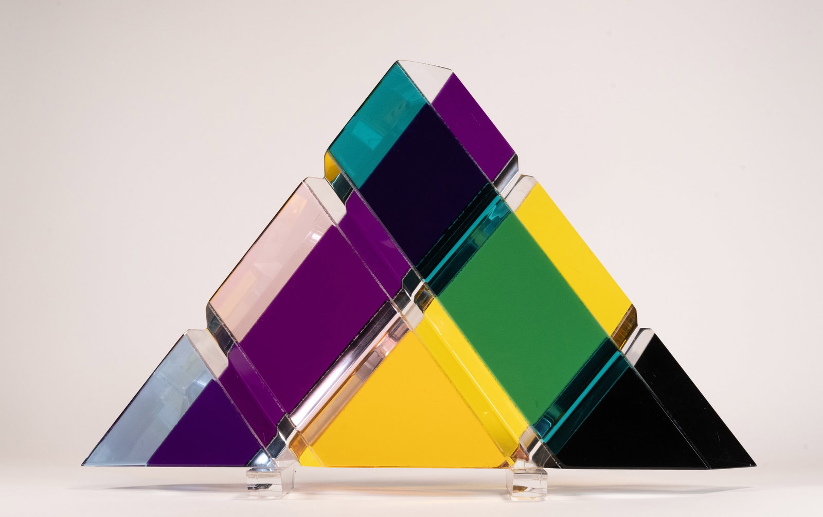 Shlomi Haziza (American/Israeli 1969-) Acrylic Triangle Sculpture: Shlomi Haziza (American/Israel 1969-) Acrylic Lucite Sculpture Triangle Shaped Tranluscent Multicolor Mounted on Clear Base Artist Dremel Signed to Lower Left Side of Sculpture with Original Artist La