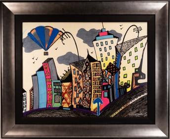 Ric Ocasek ( American 1944-2019) Frontman of Band "The Cars" Abstract Cityscape Mix Media on Canvas