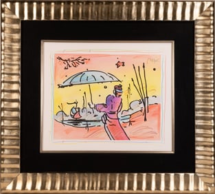 Peter Max ( German American 1937-) "Sage With Umbrella Sailboat" Original Mixed Media Signed &