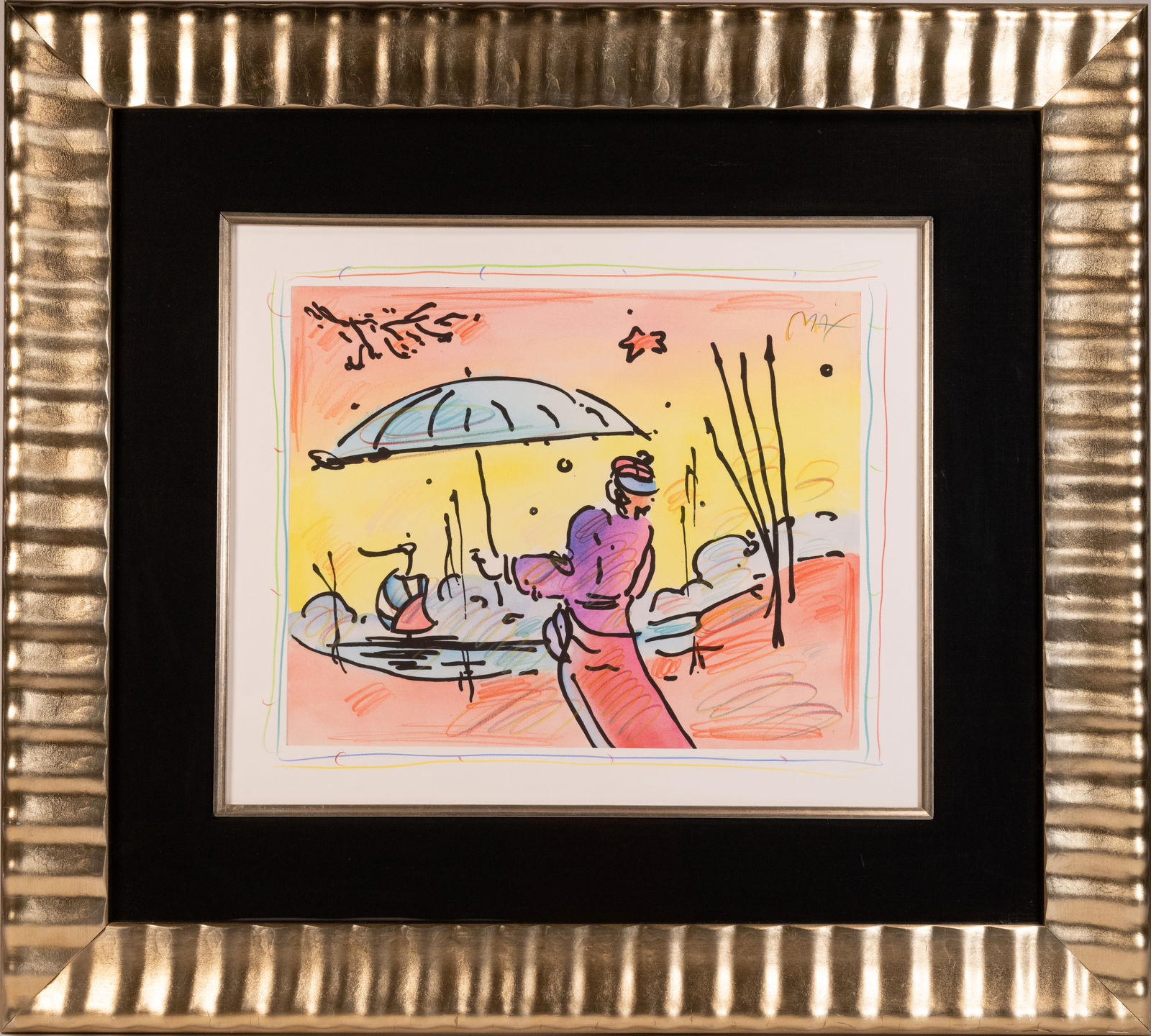 Peter Max ( German American 1937-) "Sage With Umbrella Sailboat" Original Mixed Media Signed & (1 of 2)
