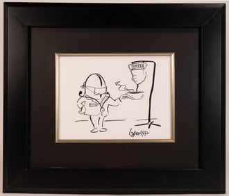 Michael Godard ( American 1958-) "Dr Bean With Coffe" Acrylic Painting On Paper Signed & Autographed