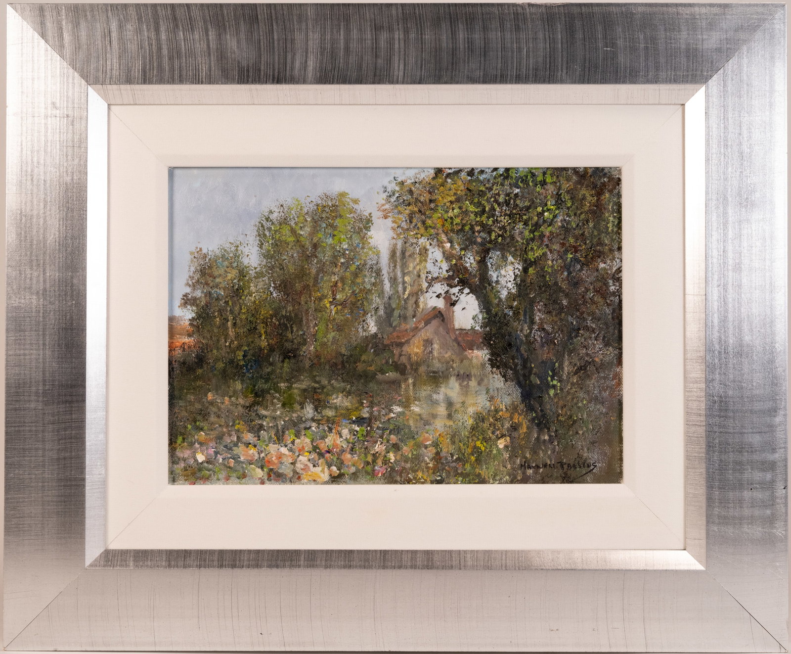 Colin Maxwell Parsons ( England 1936-) Landscape Oil on Canvas Signed: Colin Maxwell Parsons ( English 1936 - ) Landscape Oil on Canvas Contemporary Impressionist Painting Artist Hand Signed to Lower Right Surrounded In a Fabric Matte in Silver Gilt Wooden Frame with Wen