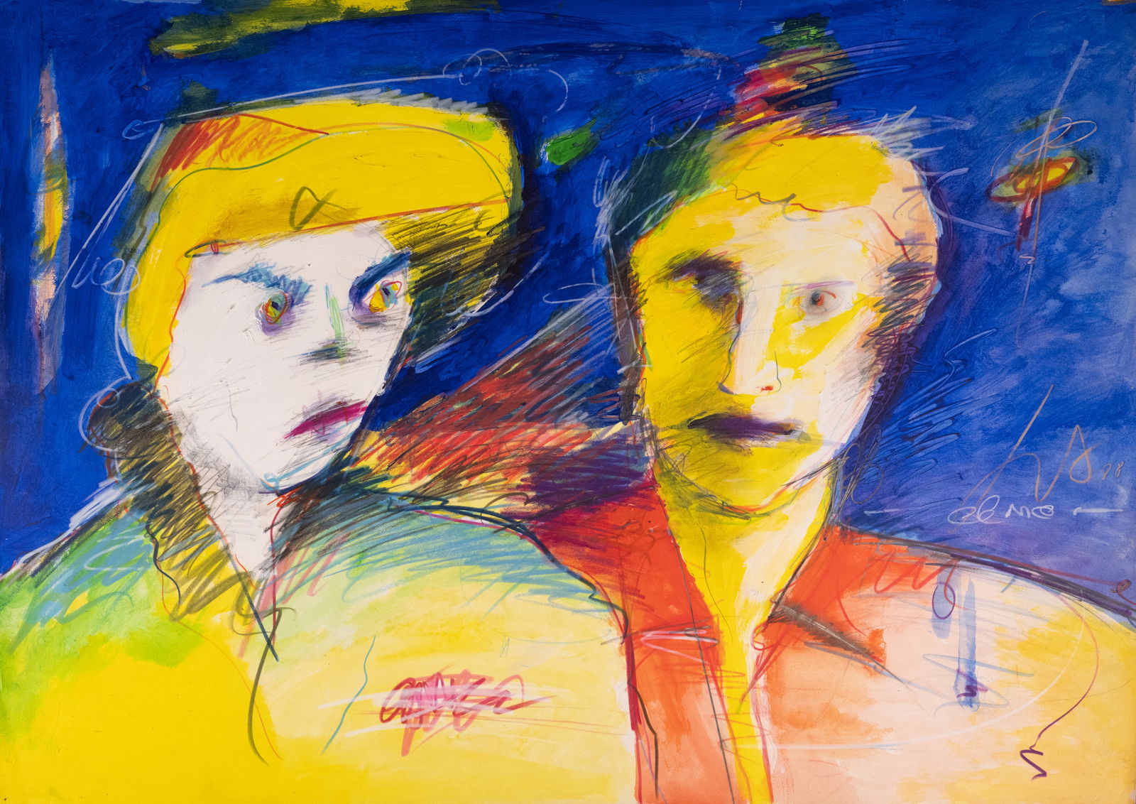 Ivald Granato (Brazilian 1949-) "Casal Da Pizza" Mix Media On Paper: Ivald Granato (Brazil 1949-) "Casal Da Pizza" Mix Media On Paper Acrylic and Charcoal Depicting Abstract Cubist Portrait of 2 Figures Signed and Dated in Reverse: "Ivald Granato Casal Da Pizza 1988 S
