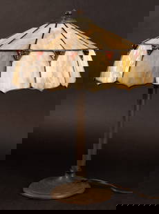 Art & Craft Carmel Slag Glass Table Lamp: Arts and Crafts Mission Style Carmel Slag Art Glass Table Lamp In The Art Deco Style. The 15-inch diameter Leaded Glass Shade in Unusual Caramel & Brown Slag Glass Panels. Triangular Amber Colored Emb